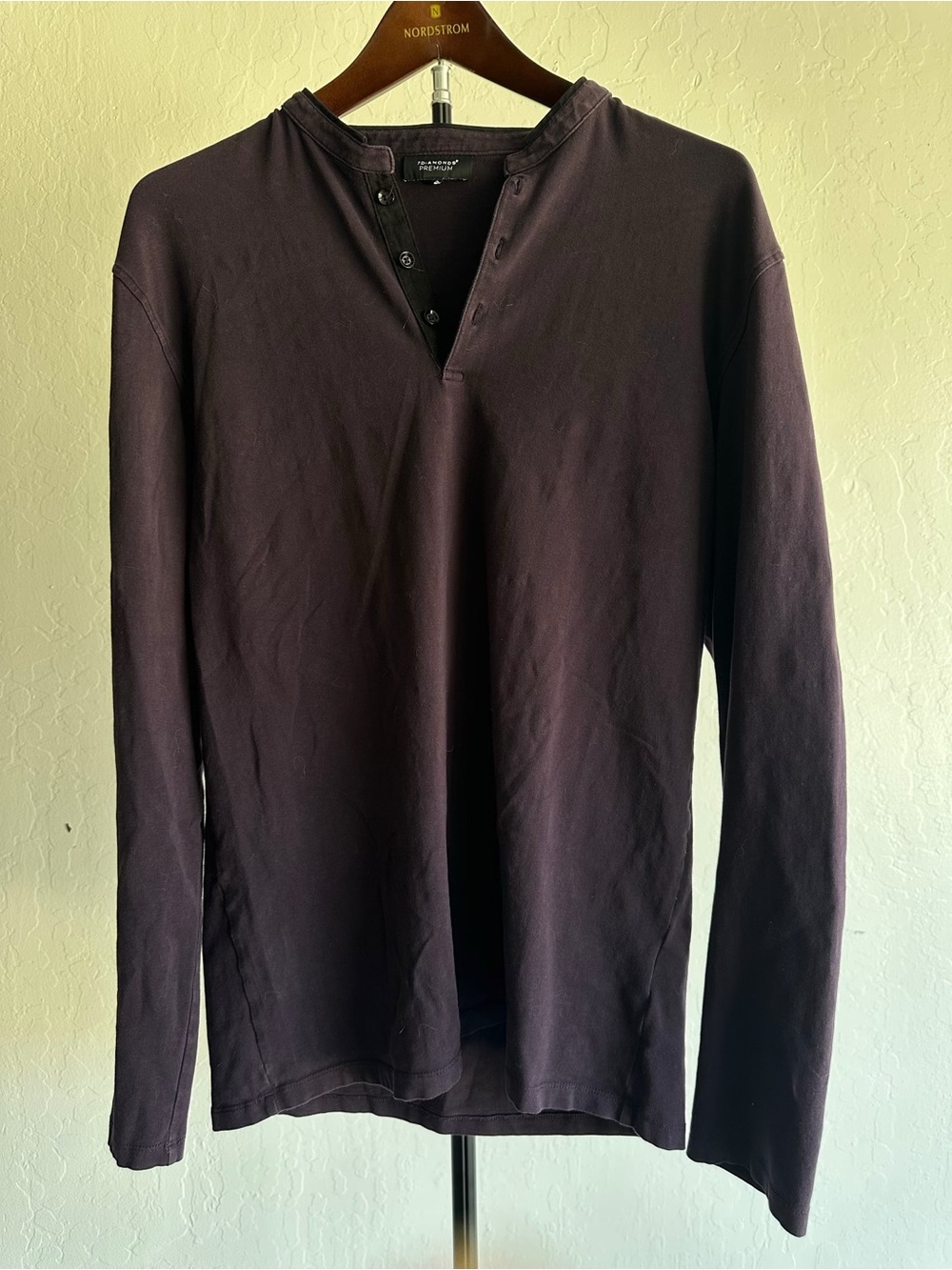 7 Diamonds Premium Men's Dark Plum Cotton Stretch Long Sleeve Henley - Size M